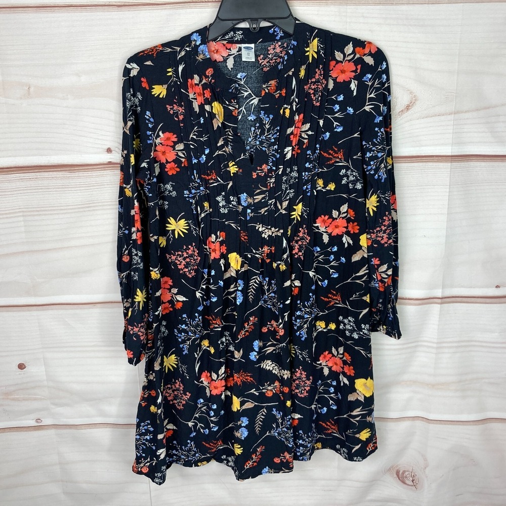Old Navy Dress Womens XS Blue Floral Mini Pintuck‎ Long Sleeve V-Neck Pullover